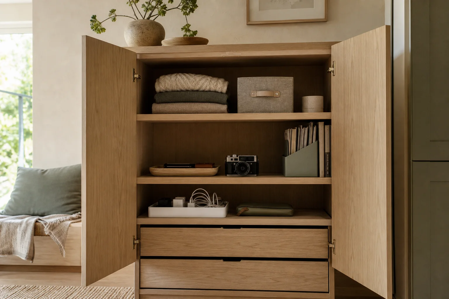 An organized cabinet representing a physical storage space.