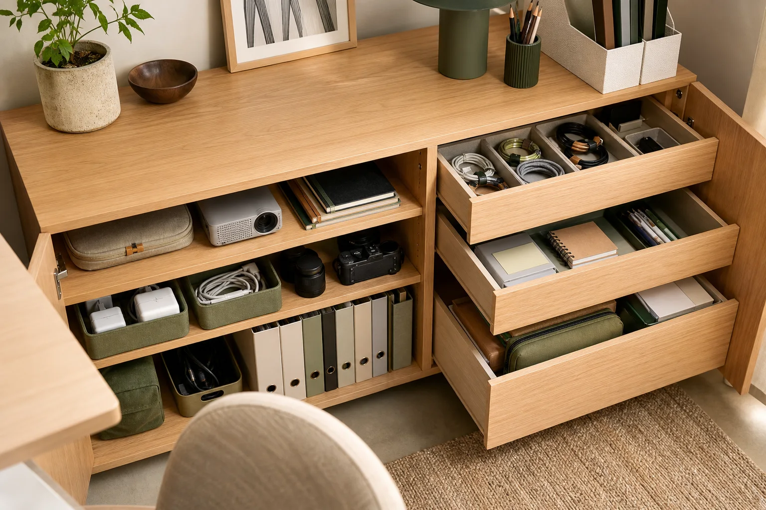 Office drawer and cabinet storage.